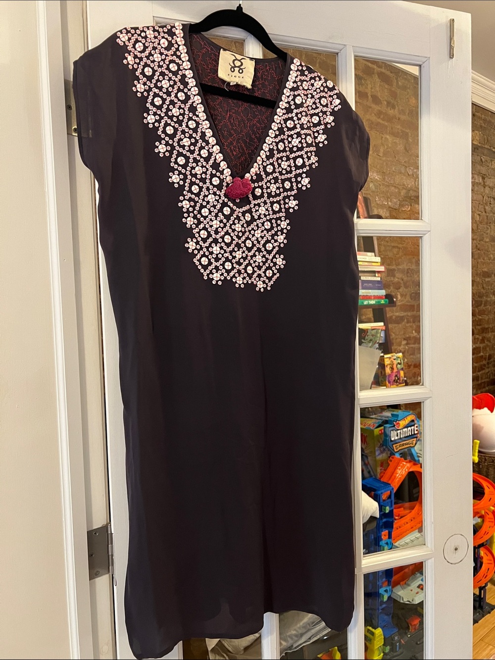 Figue Gray Beaded V-Neck Tunic with Pink Embellishment